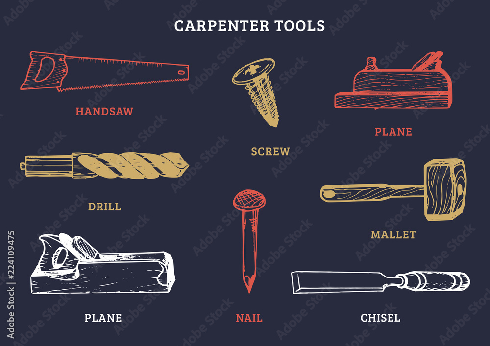 Vector drawing of carpentry tools. Illustration of wood works equipment  elements. Stock Vector