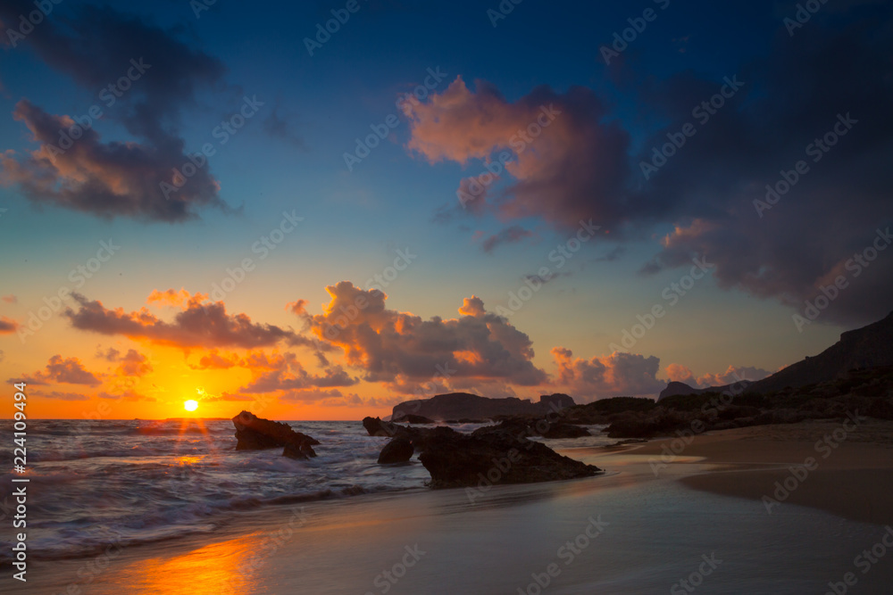 Beach in sunset time. Falasarna, Crete Island, Greece
