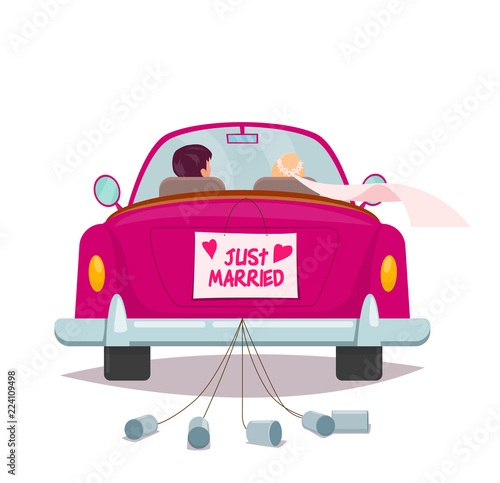 Car with bride and groom just married