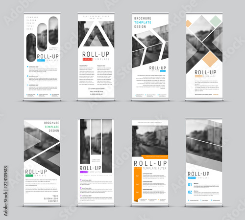 Vector design of roll-up banners with different geometric shapes for a photo.