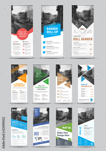 Design of vector white roll-up banners with round, square, diagonal and triangular design elements and a place for photos