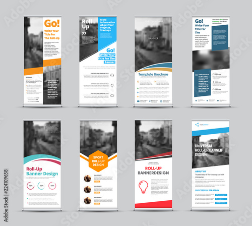 Set of vector white roll-up banners with place for photo