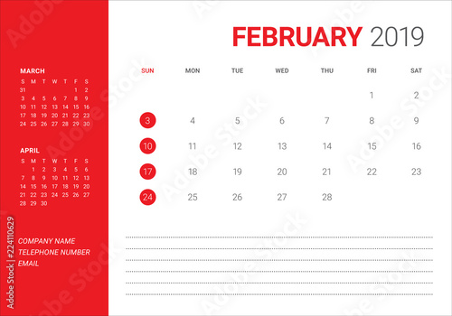 February 2019 desk calendar vector illustration