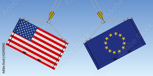 Illustration du choc entre deux conteneurs de marchandises, symbole de la guerre commerciale entre américains et Européens.