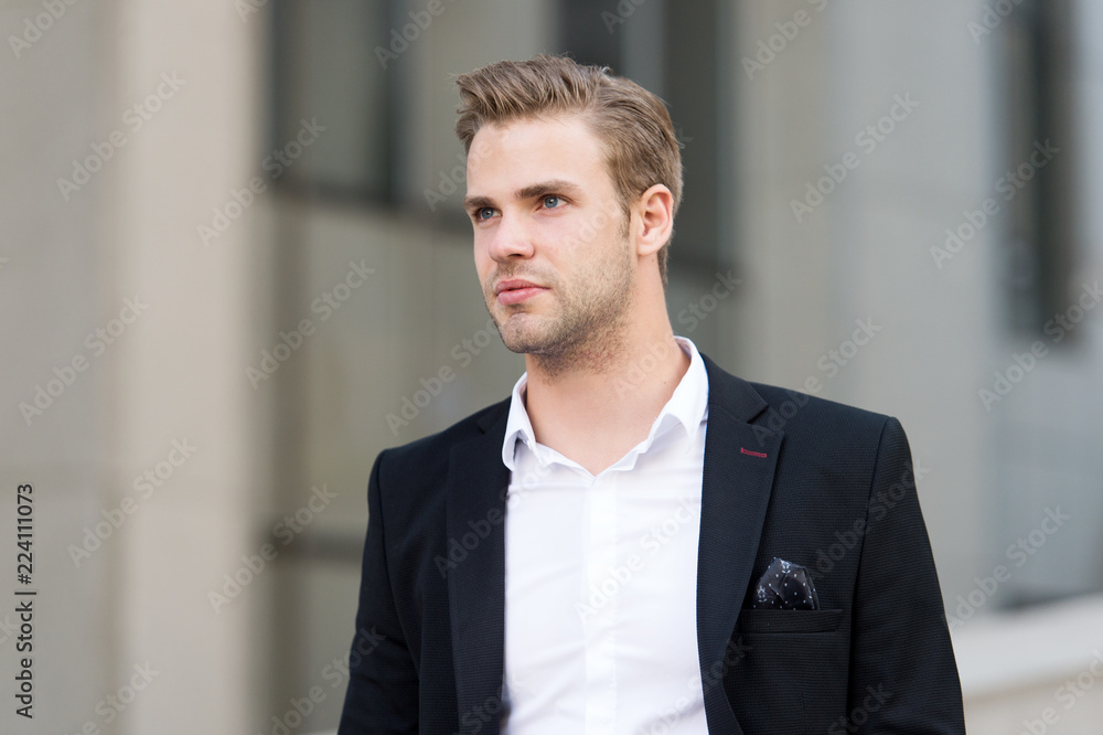 Businessman looking forward future opportunity. Man well groomed suit walk urban background. Businessman handsome office worker confident face. Businessman walk during lunch time. Dreamy businessman Businessman looking forward future opportunity. Man well groomed suit walk urban background. Businessman handsome office worker confident face. Businessman walk during lunch time. Dreamy businessman