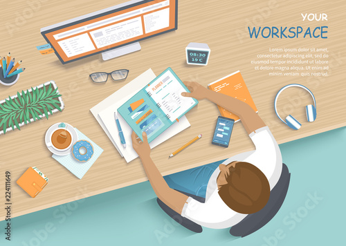 Man sitting at the wooden table. Workplace Desktop Workspace Armchair, office supplies, monitor, books, notebook, headphones, phone, glasses, pen, paper, tea, donuts. Vector Top view 