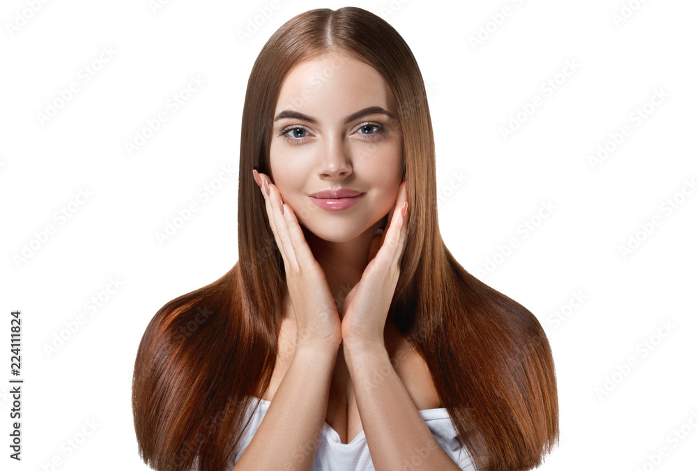 Woman with beautiful long hair isolated on white healthy and shine hairstyle Woman with beautiful long hair isolated on white healthy and shine hairstyle