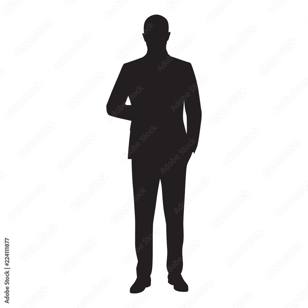 Businessman isolated vector silhouette. Man in suit standing with hand in pocket, front view
