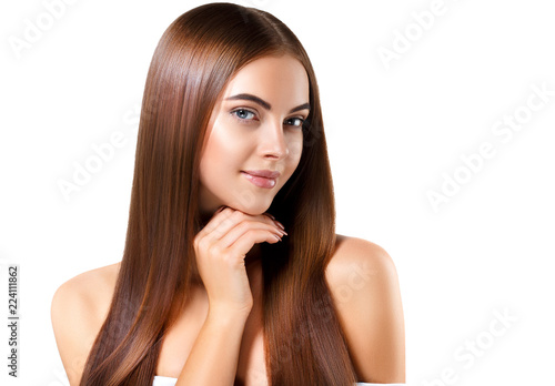 Woman with beautiful long hair isolated on white healthy and shine hairstyle