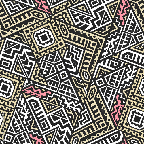 Geometric seamless pattern created in trendy ethnic style. Unique boho tile. Perfect for textile design, wrapping paper, wallpaper, site backdrop and screens background.