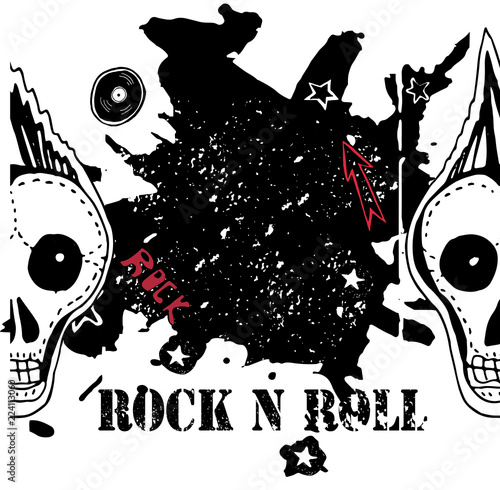 Grunge texture background   text Rock n Roll. Skull and bones. Punk rock character vector illustration.