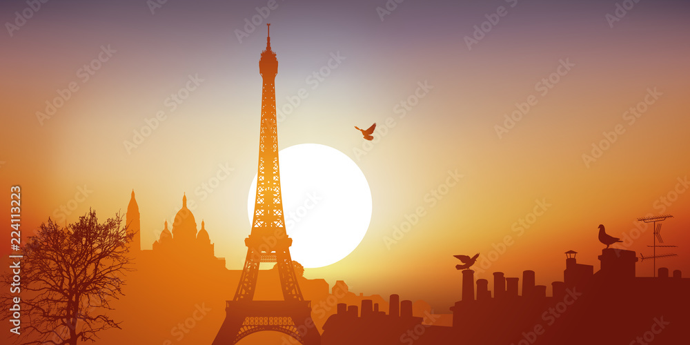 Fototapeta premium Widok na Paryż z Wieżą Eiffla i Bazyliką Sacré-Coeur na Butte de Montmartre w słoneczny dzień.