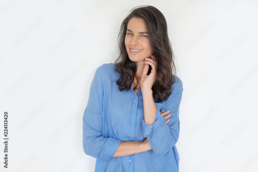 Brunette woman standing on white background, isolated Brunette woman standing on white background, isolated
