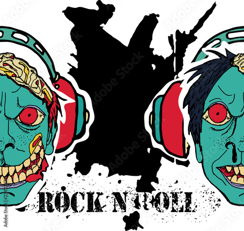 Grunge texture background , text Rock n Roll. Head of zombie in headphone. Stylish hand drawn vector illustration.