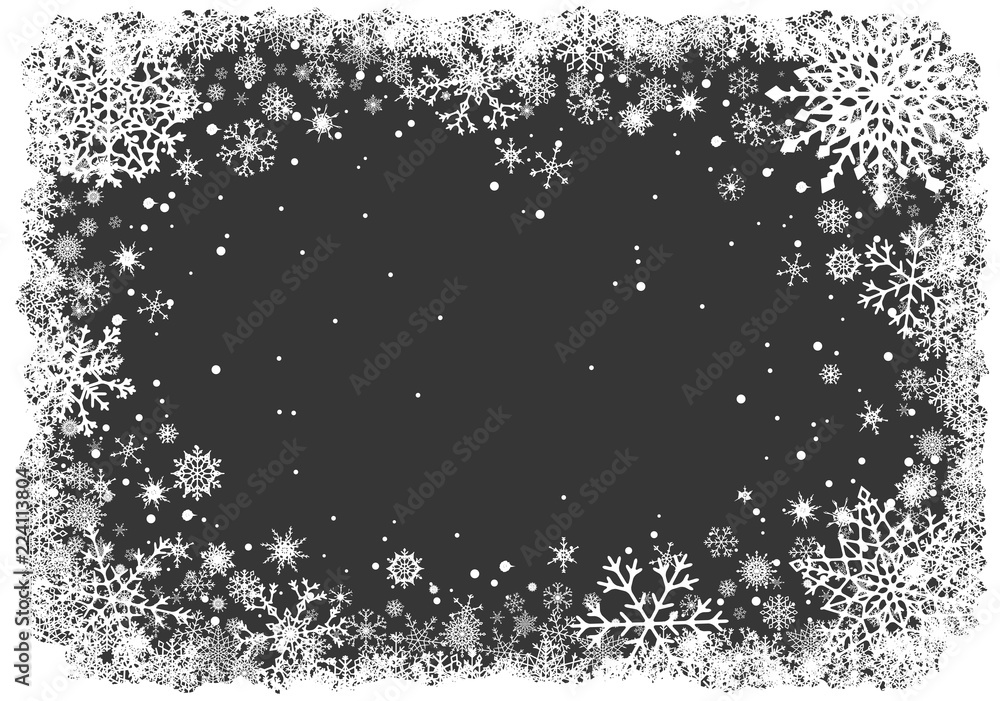 Christmas greting card with white frame of snowflakes on dark grey background. New-Year winter vector illustration. Christmas greting card with white frame of snowflakes on dark grey background. New-Year winter vector illustration.