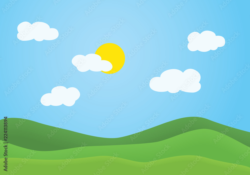 Flat design illustration of summer mountain landscape with green grassy hill under a clear blue sky with white clouds and shining sun