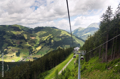 Saalbach-Hinterglemm valley aerial view from Schattberg cable car, Alps, Zell am See district, Salzburg federal state, Austria, summer cloudy day