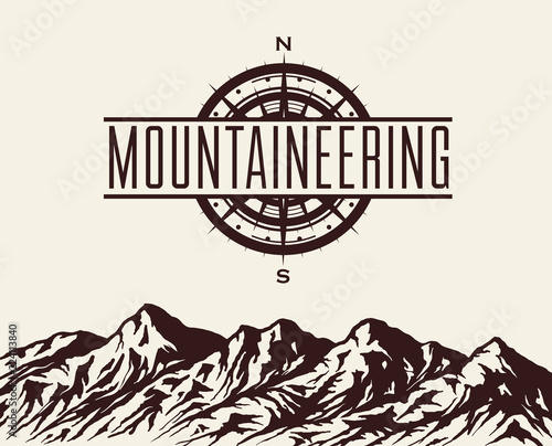 Mountaineering and travelling background with huge mountain range silhouette and windrose. Vector illustration.