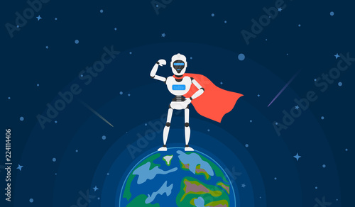 robot super hero standing on planet earth in outer space