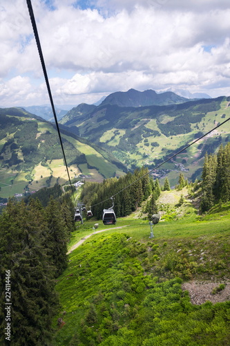Saalbach-Hinterglemm valley aerial view from Schattberg cable car, Alps, Zell am See district, Salzburg federal state, Austria, summer cloudy day photo