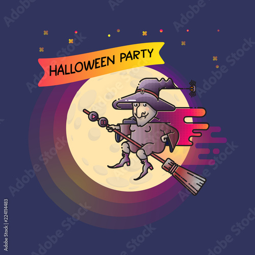 Flying witch on a broom and Moon. Halloween. Vector.