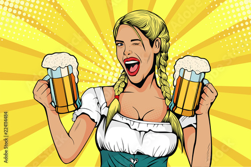 Germany Girl waitress carries beer glasses. Oktoberfest celebration. Vector illustration in pop art retro comic style