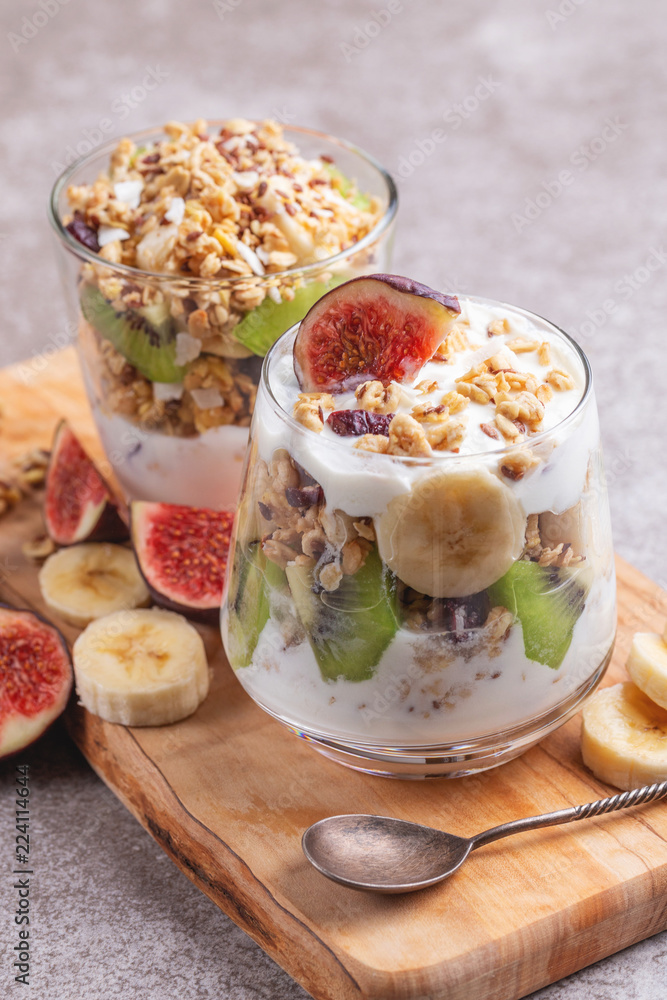 Granola with yogurt, bananas and figs. Copy space Granola with yogurt, bananas and figs. Copy space