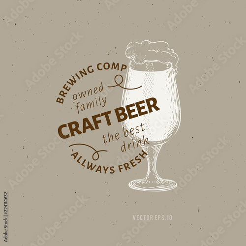 Beer logo template. Vector hand drawn beer glass illustration. Vintage style design. Can be use for brewery company, beer house, pub, cafe, beer restaurant.