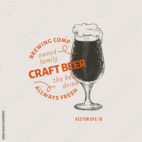 Beer logo template. Vector hand drawn beer glass illustration. Vintage style design. Can be use for brewery company, beer house, pub, cafe, beer restaurant.