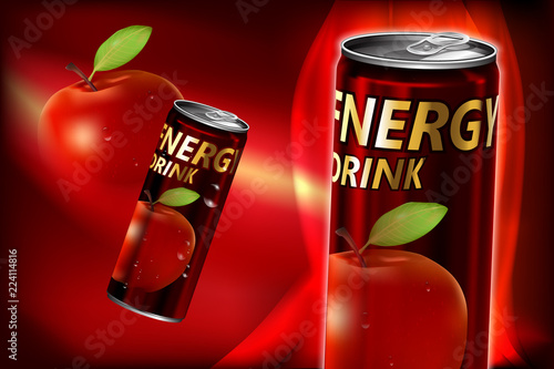 Fresh energy drink in can with Red background, Package and  Energy drink product poster
