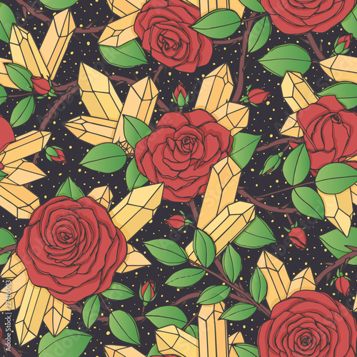 Vector hand drawn seamless pattern of red rose flowers with buds, leaves, thorny stems and crystals on the black dotted background. Floral ornament of blossoms with gem stones.