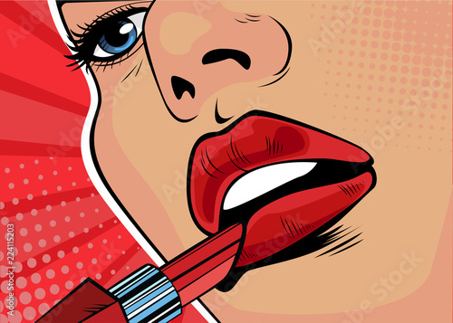 Girl paints her lips with red lipstick. The beauty of the face, makeup. Vector illustration in pop art retro comic style