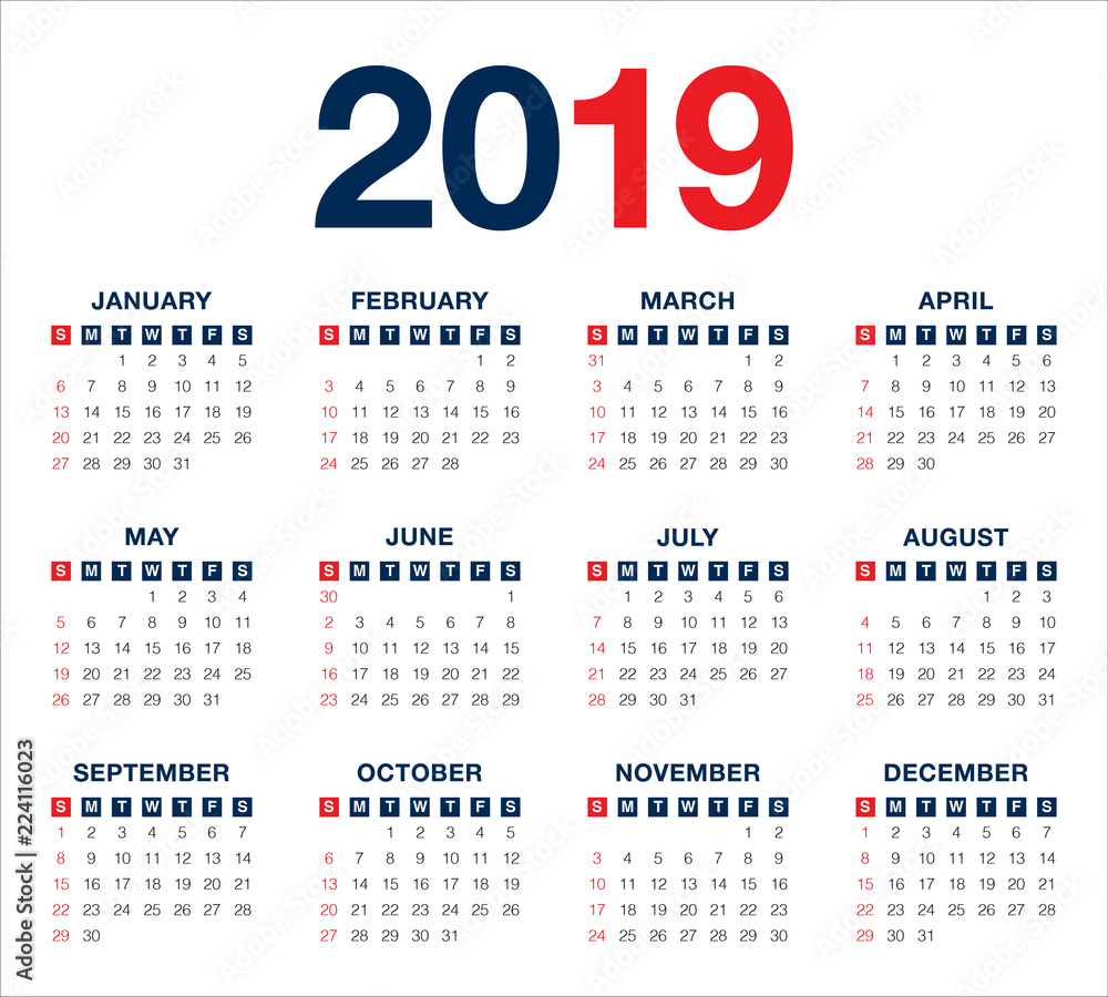 Year 2019 calendar vector design template Year 2019 calendar vector design template