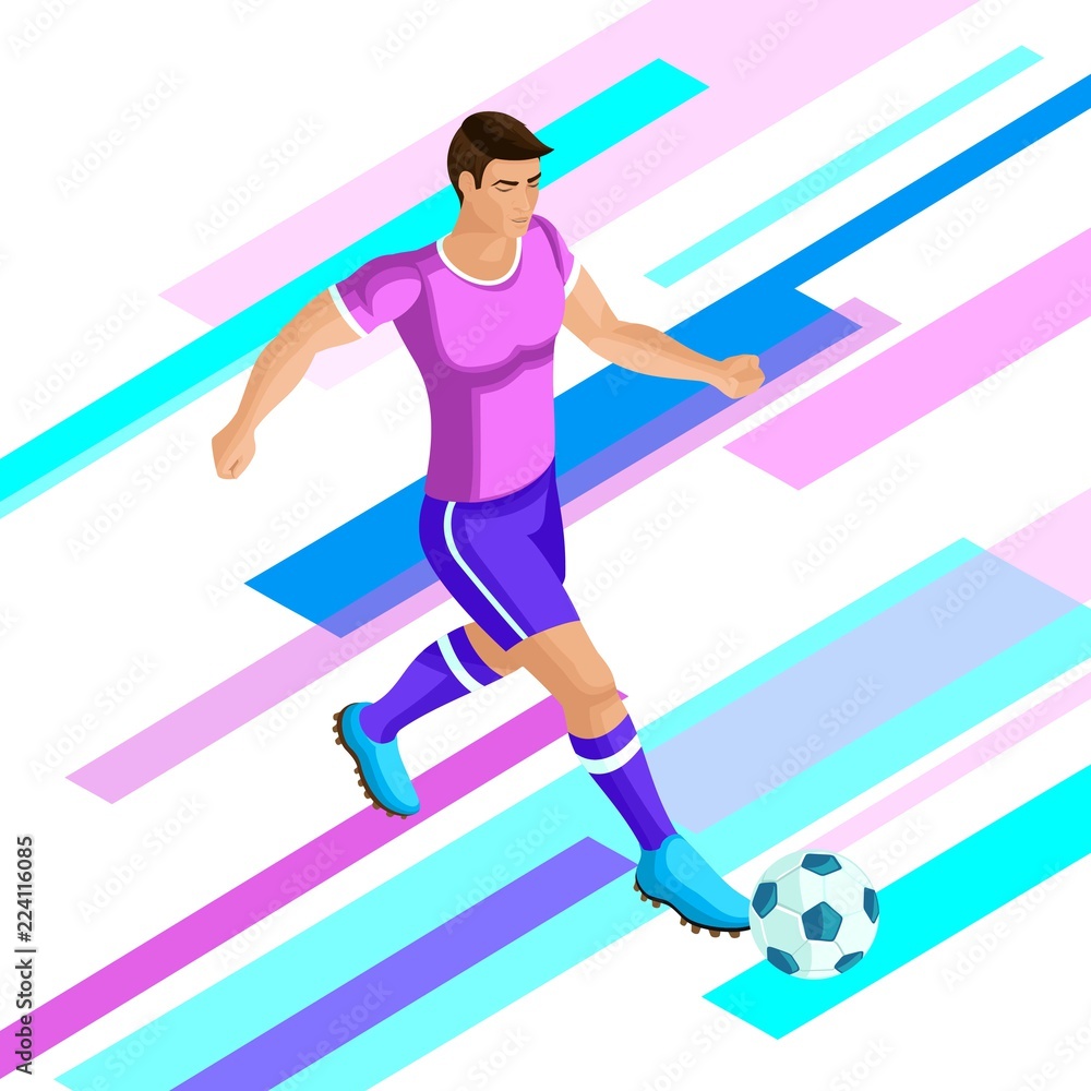 Isometrics Soccer player on a bright background of. Football player. Playing football, the game is running, attacking. Colorful concept of the
