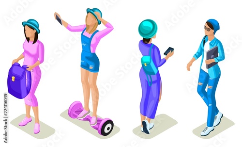 Isometrics young people, teenagers, generation Z, communication in social networks, the use of gadgets, gyroscope based dual wheel electric scooter, smart