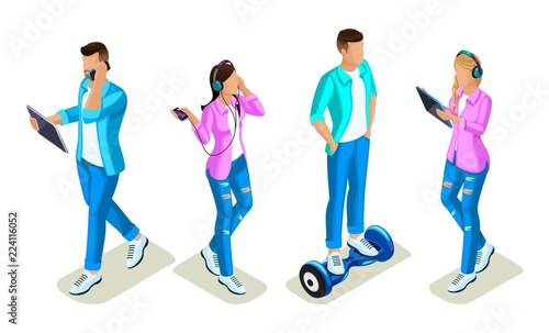 Isometrics young people, teenagers, generation Z, communication in social networks, the use of gadgets, gyroscope based dual wheel electric scooter, smart balance