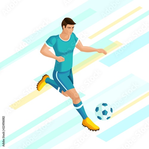 Isometrics Soccer player on a beautiful background of. Playing football, the player beats the ball, running. The concept of the