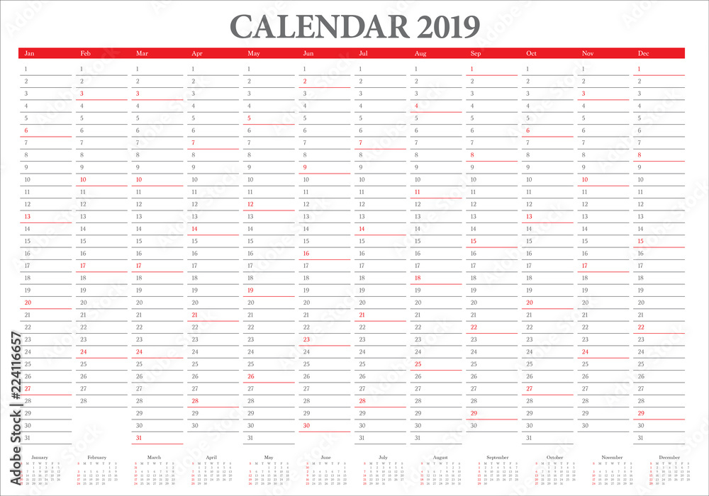 Year 2019 calendar vector design template Year 2019 calendar vector design template