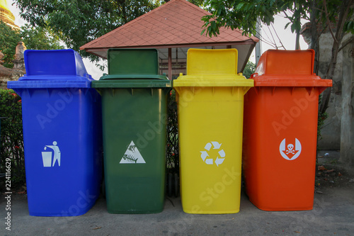 recycle bins Four colorful, blue, green, Yellow, Red, Separate.