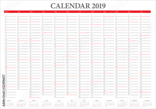 Year 2019 calendar vector design template