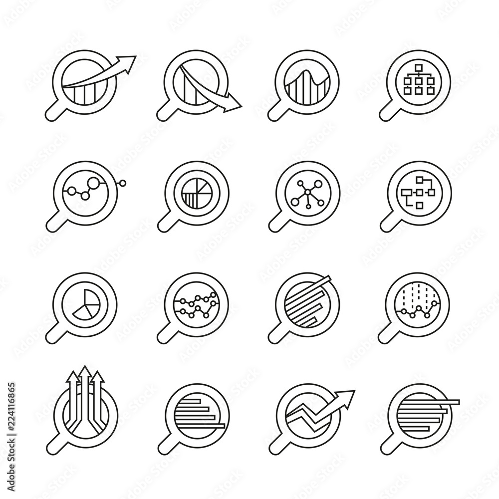 magnifier glass and data chart icons in thin line style magnifier glass and data chart icons in thin line style