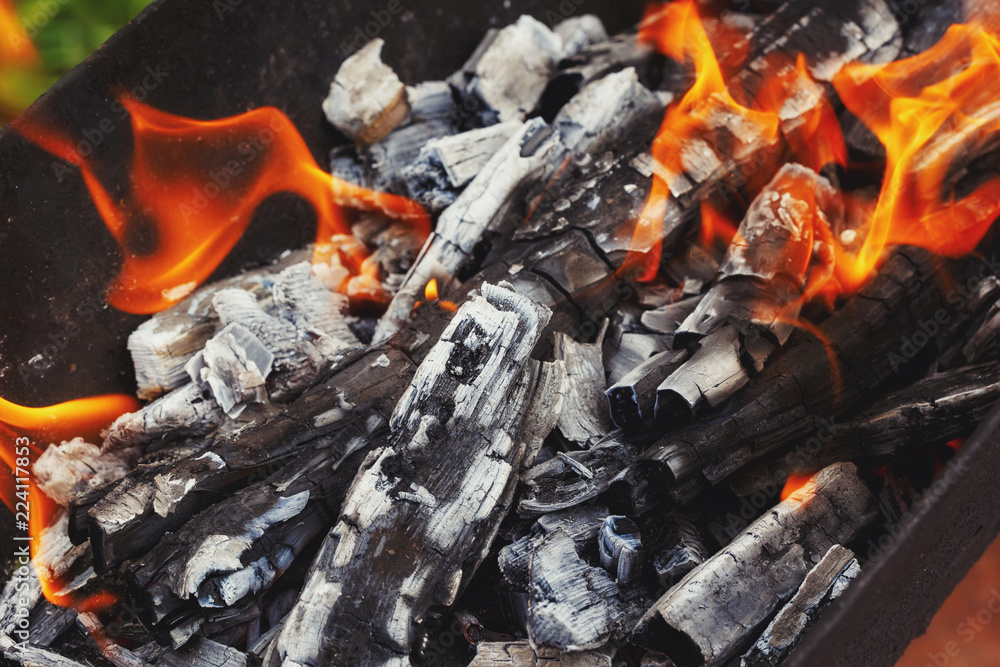 Burning wood in a brazier. Fire, flames. Grill or bbq