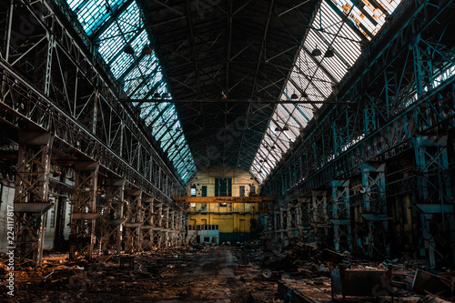 Tela abandoned factory, red brick walls, broken windows, ruin, mud, old building, USS