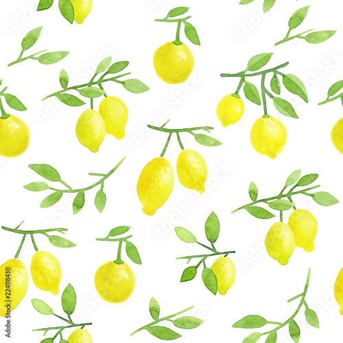 Watercolor Lemons Seamless Pattern. Citrus Background with ripe yellow lemons on branches with green leaves. Italian, Sicily lemons