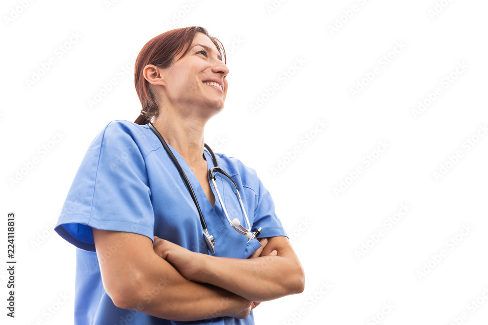 Happy woman female nurse or doctor looking up and smiling. Happy woman female nurse or doctor looking up and smiling.