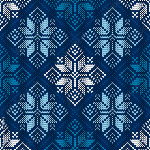 Winter Holiday Seamless Knitted Pattern with Snowflakes. Christmas and New Year Design Background. Traditional Knitting Sweater Design