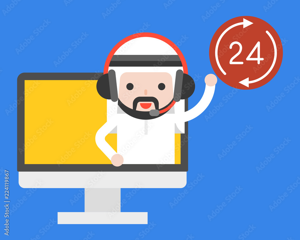 Cute arab saudi businessman with headphone in computer screen, business service or call center concept Cute arab saudi businessman with headphone in computer screen, business service or call center concept