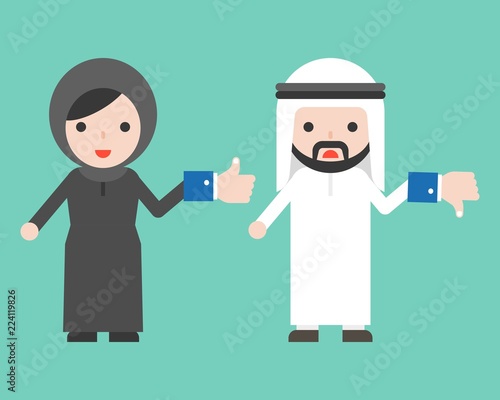 Cute Arab businessman and muslim woman holding like and unlike button, business situation choosing or making decistion concept