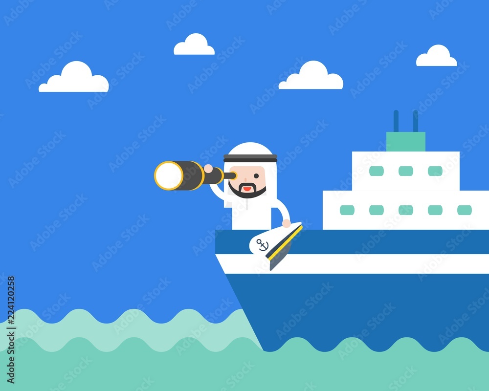 Cute Arab saudi businessman with monocular on ship in the sea, searching or vision of leader concept Cute Arab saudi businessman with monocular on ship in the sea, searching or vision of leader concept