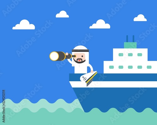 Cute Arab saudi businessman with monocular on ship in the sea, searching or vision of leader concept